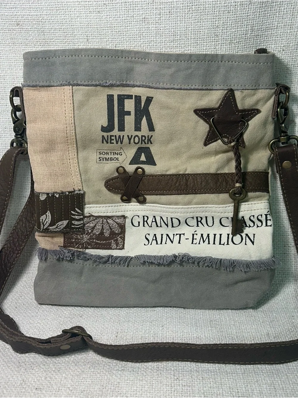 Myra Bag Crossbody Western Upcycled Canvas & Leather 11x12” Boho Patch
